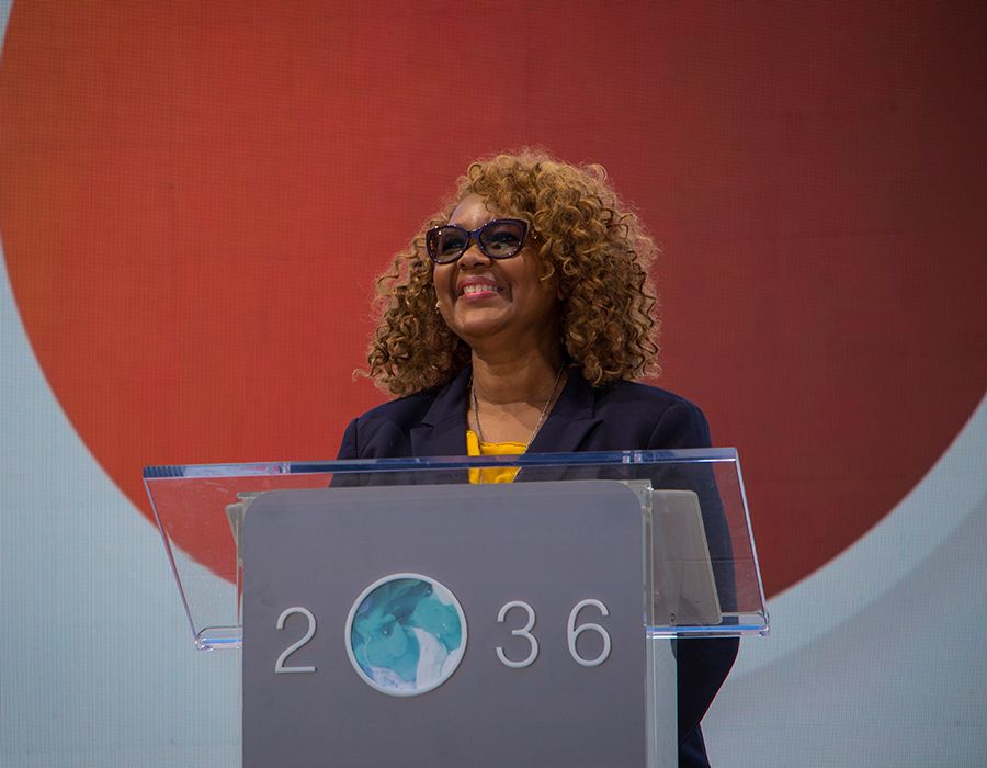Anita Paye, assistant vice president for finance administration and initiatives, speaks at the 2O36 podium