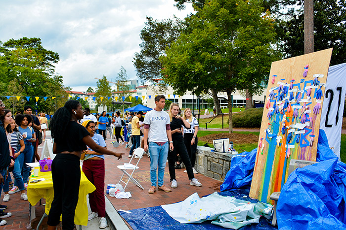 Students visit tents set up during Homecoming Week